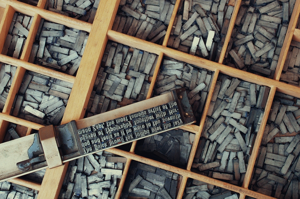 Image of movable type in the modern age as invented by Johannes Gutenberg, responsible for the invention of the printing press in Europe c. 1440's.