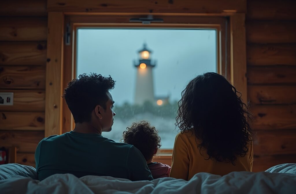 A family of three—a father, mother, and young child—sits together in a cozy log cabin, gazing out a rain-streaked window at a lighthouse glowing in the distance, offering guidance and hope.