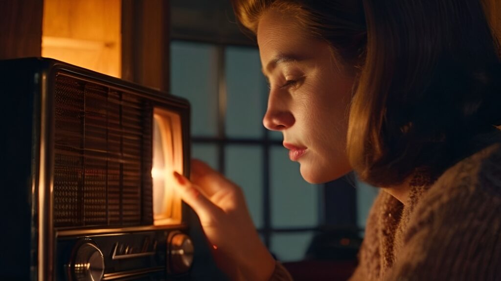 A woman in a cozy sweater tunes a vintage radio, her face illuminated by its warm glow. She listens intently, searching for a clear signal in the static. The dimly lit room and nostalgic setting evoke a sense of focus, discovery, and connection.