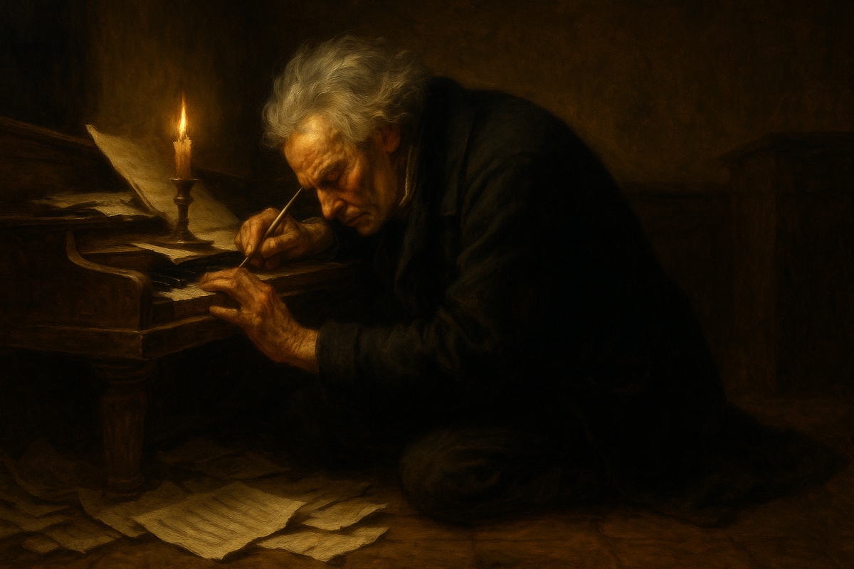 An oil painting of a weary, gray-haired composer in a dimly lit 19th-century room, pressing his ear to a piano by candlelight, evoking Ludwig van Beethoven’s struggle with deafness during composition.