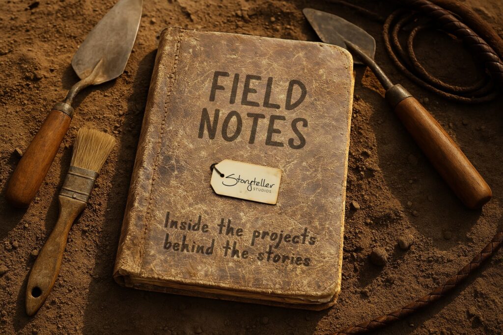 A weathered leather notebook labeled “Field Notes” lies in the dirt surrounded by excavation tools, evoking the feel of an archaeologist’s journal. Tag reads: Storyteller Studios.