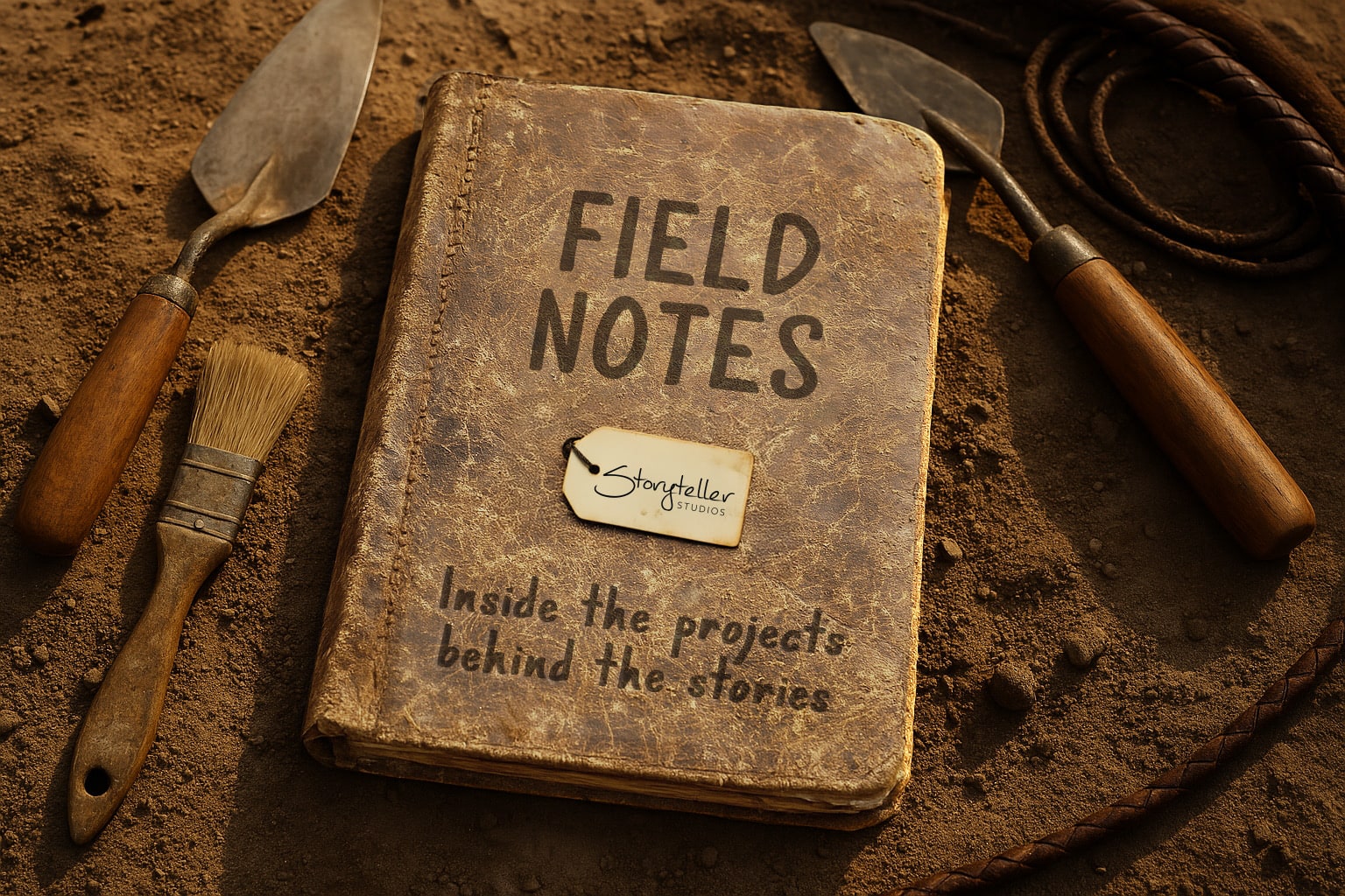 A weathered leather notebook labeled “Field Notes” lies in the dirt surrounded by excavation tools, evoking the feel of an archaeologist’s journal. Tag reads: Storyteller Studios.