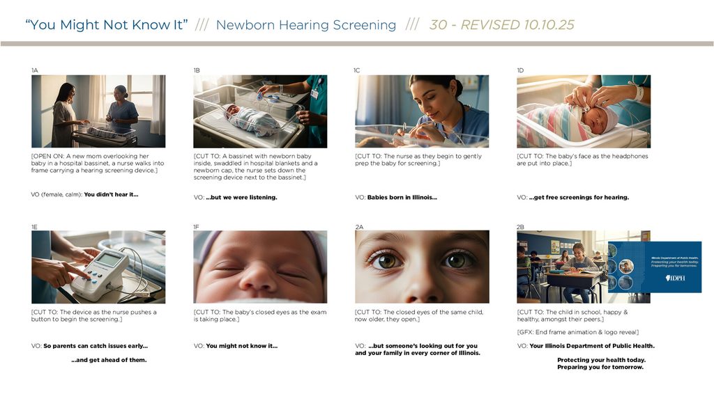 Production storyboards created by Storyteller Studios for the Ad Council and IDPH "You Might Not Know It" 30-second PSA, showing the newborn hearing screening scene progression