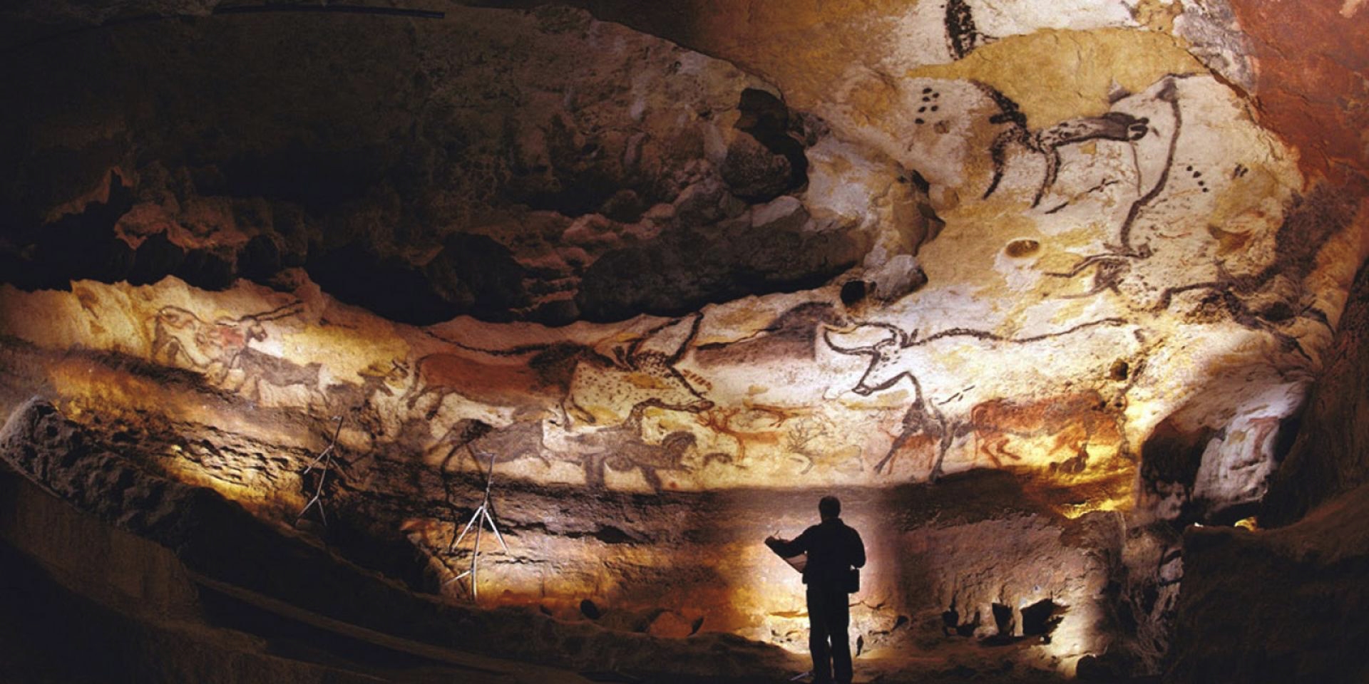 a man studies ancient cave paintings at lascaux france