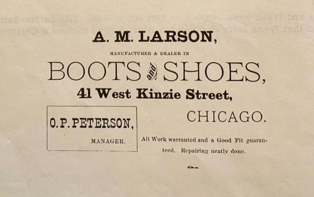 a yellowed newspaper ad for a cobbler's shop in Chicago before the turn of the century.