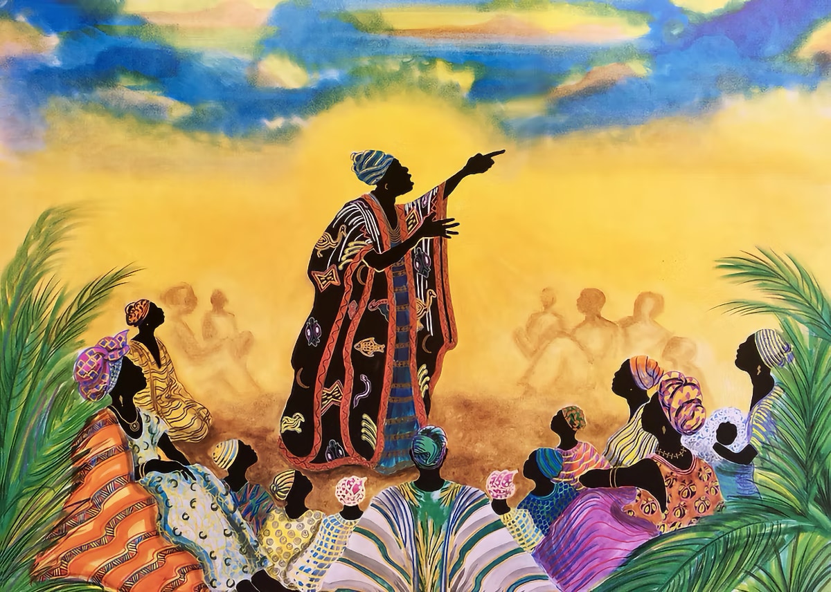 a vibrant, colorful drawing of an african griot performing before a riveted audience