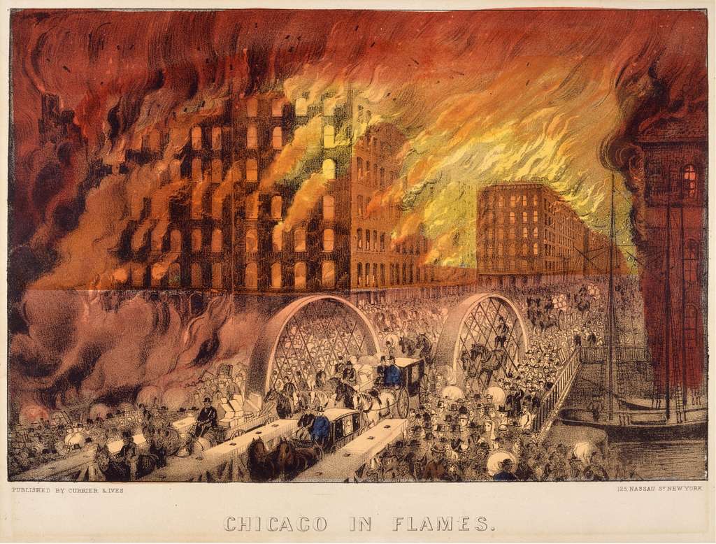 a lithograph depicts the evacuation of chicago during the great chicago fire of 1871. flames consume buildings in the background as a mass of people escapes via the randolph street bridge.